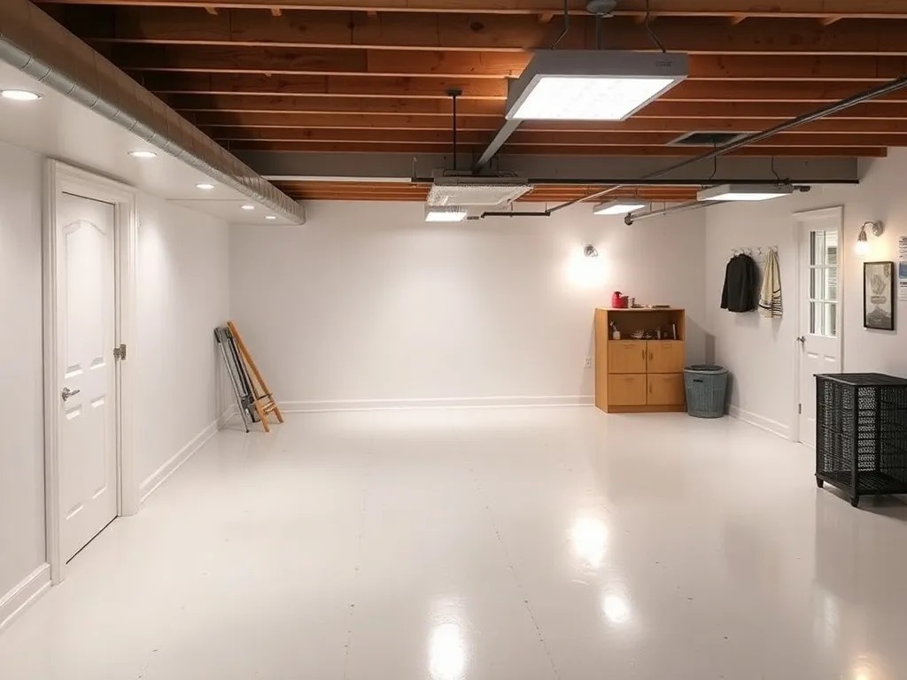 Basement with bright white epoxy floor
