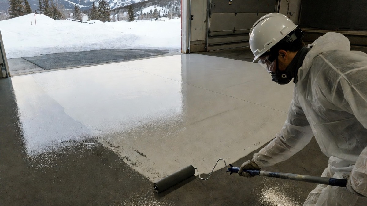 Kraken installer rolling coating onto a floor