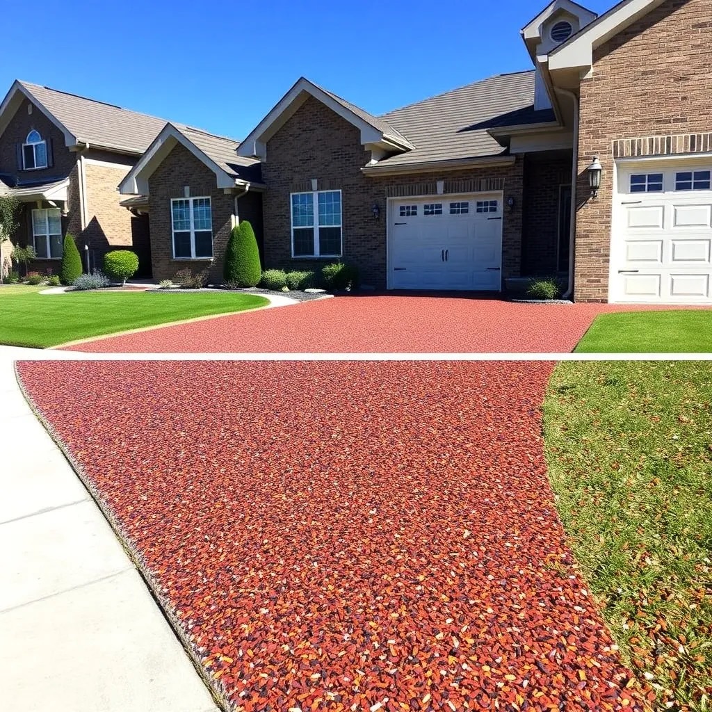 Red decorative flake driveway before and after