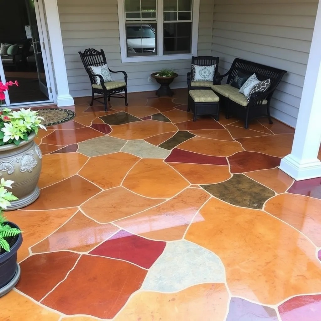 Decorative stained concrete patio with flagstone pattern