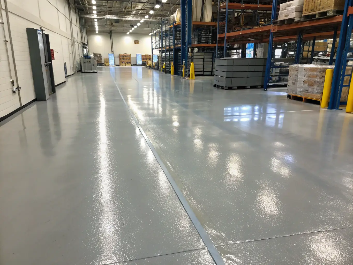 A commercial workshop floor coated with a durable epoxy finish, designed for high-traffic and heavy equipment. The floor is seamless, slip-resistant, and showcases the industrial-grade quality of Kraken Concrete Coatings.